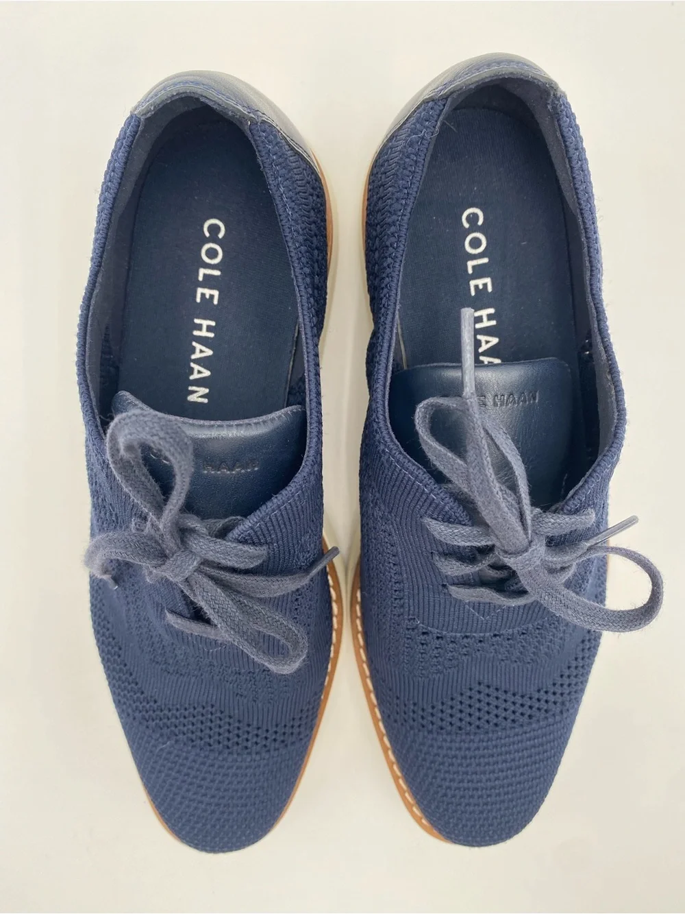 Cole Haan Navy Knit Lace-Up Oxfords with Tan Trim